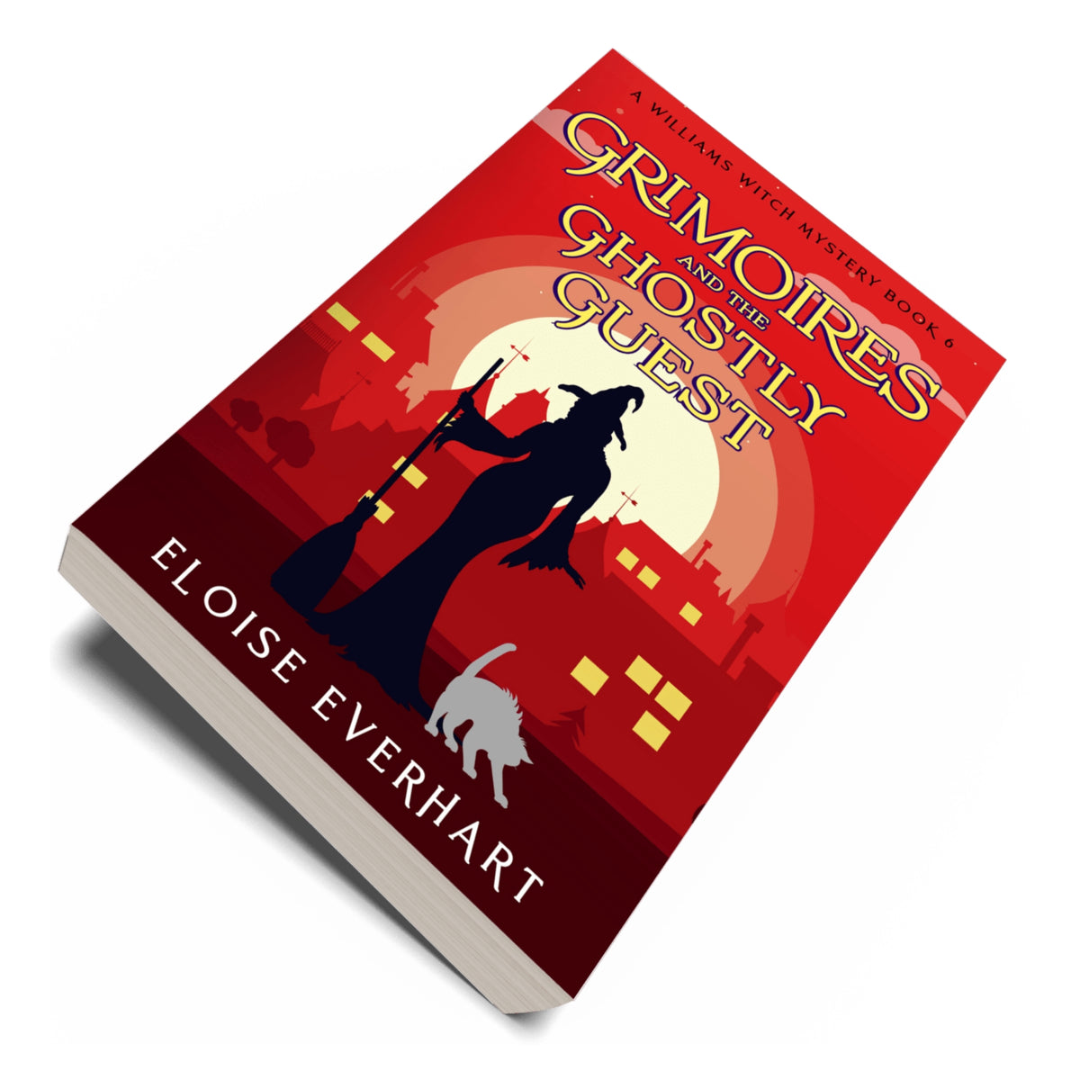 Paperback edition of "Grimoires and the Ghostly Guest" by Eloise Everhart, a paranormal cozy mystery featuring a midlife witch sleuth, shown at an angle on a white background.