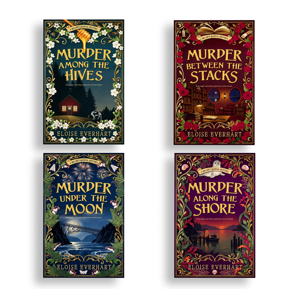 Cover images for Murder Among the Hives, Murder Between the Stacks, Murder Under the Moon, and Murder Along the Shore, paranormal cozy mysteries by Eloise Everhart.