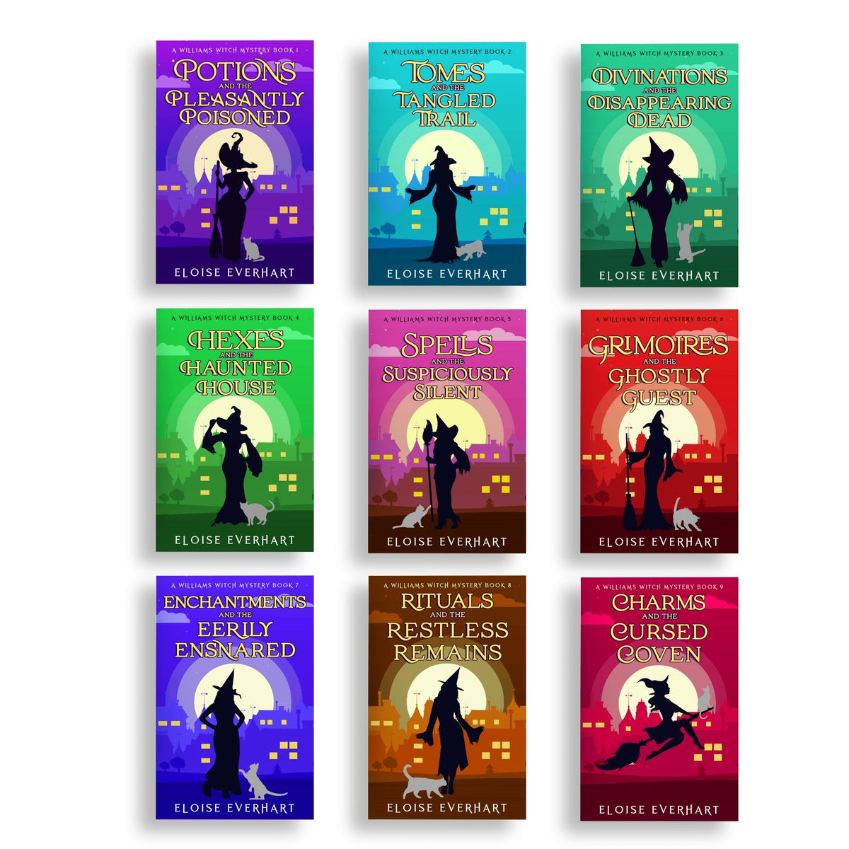 Digital mockup of all nine paperbacks in the completed A Williams Witch Mystery paranormal cozy mystery series by Eloise Everhart, displayed on tablets against a white background.