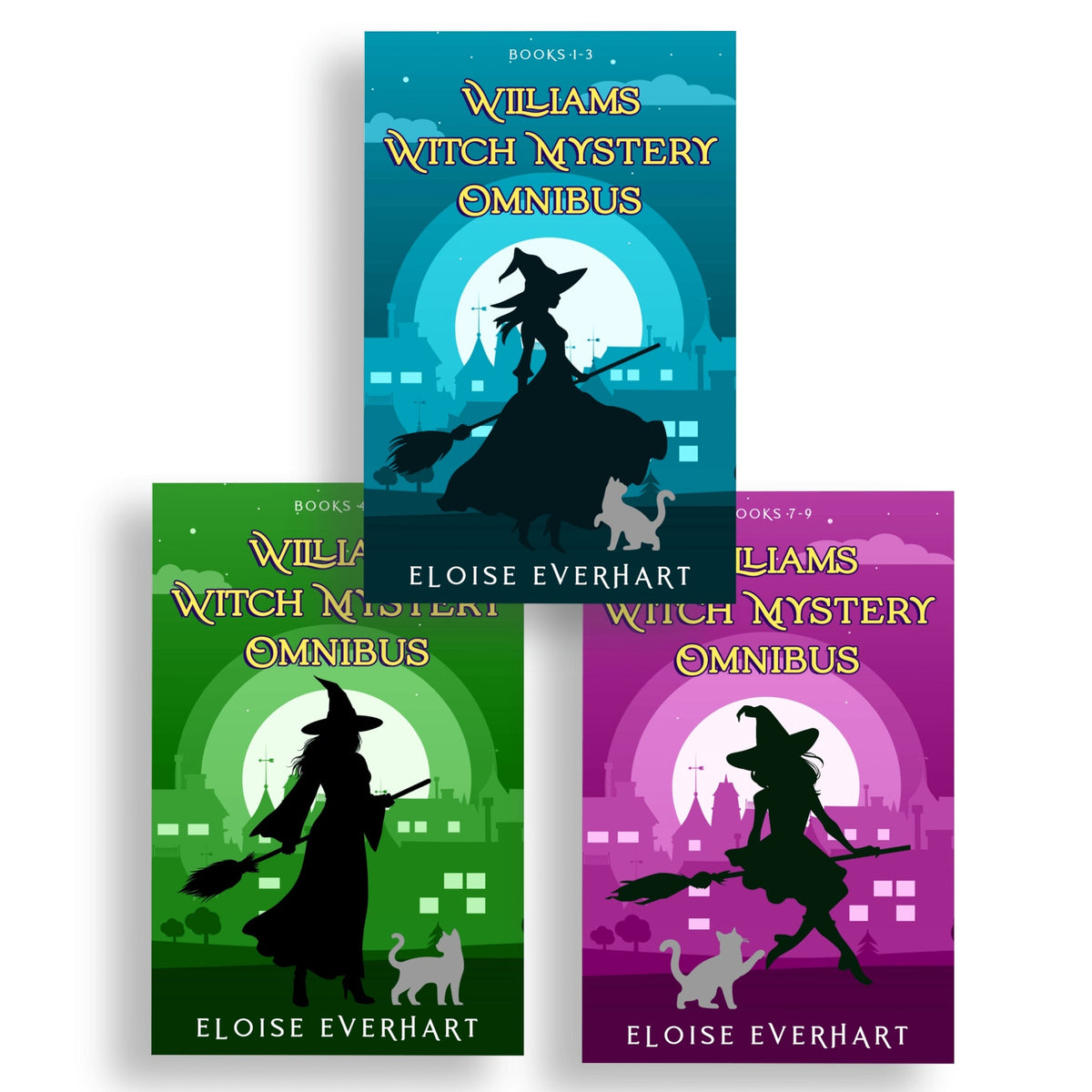 Paperback Covers for all three books in the Williams Witch Mystery Omnibus collection. Covers feature witches, cats, and brooms.