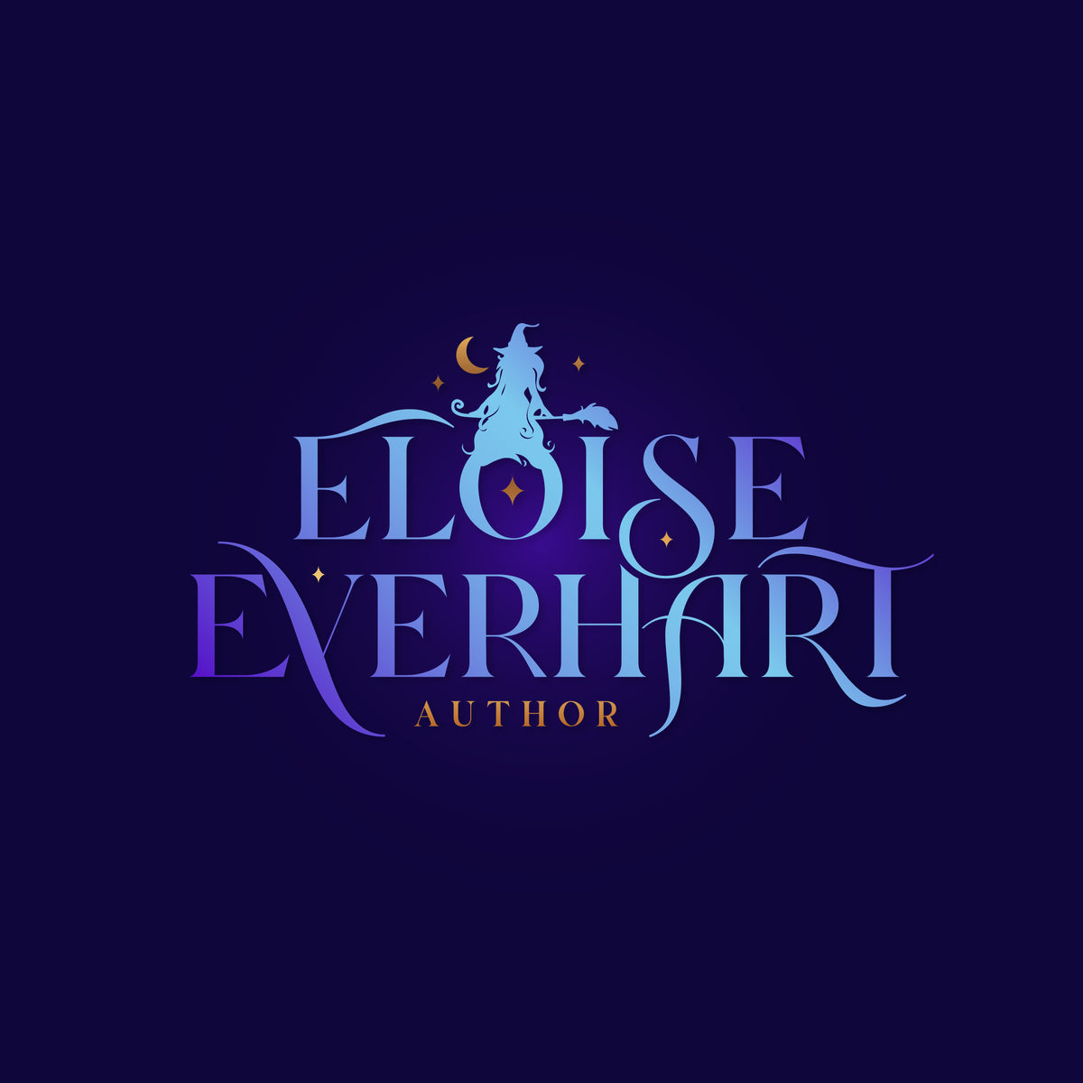 Eloise Everhart author logo with a blue witch silhouette, crescent moon, stars, and blue-purple lettering on a dark purple background.