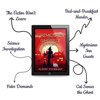 A tablet displaying the ebook cover of "Grimoires and the Ghostly Guest" by Eloise Everhart, surrounded by hand-drawn arrows listing the book's tropes: Bed-and-Breakfast Murder, The Victim Won't Leave, Séance Investigation, Mysterious Inn Guests, Cat Senses the Ghost, and Fates Demands.
