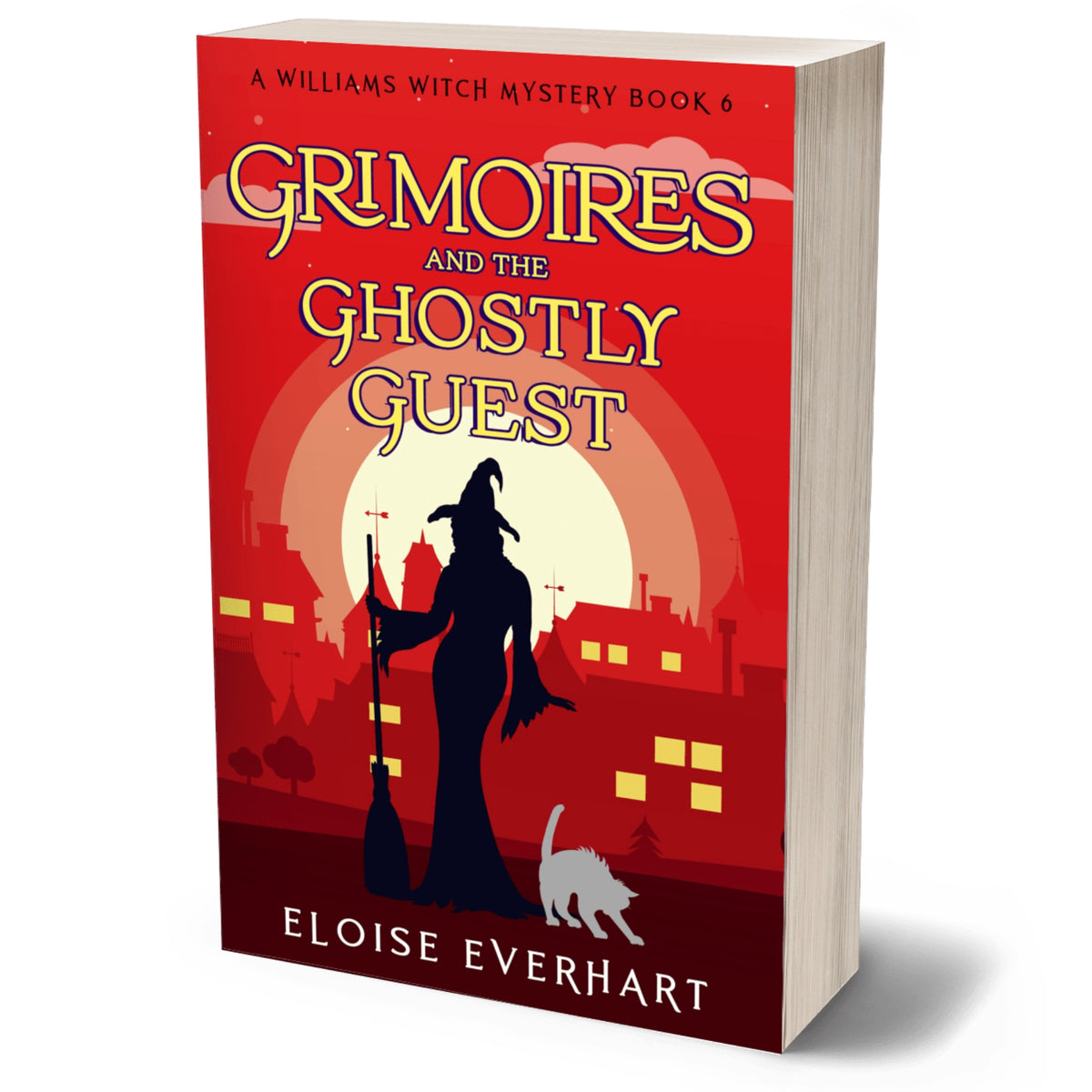Paperback edition of "Grimoires and the Ghostly Guest" by Eloise Everhart, the first book in the Williams Witch Mystery paranormal cozy mystery series, shown as a 3D book mockup on a white background. The red and burgundy cover features a witch silhouette with a broom, a startled cat, and a full moon.
