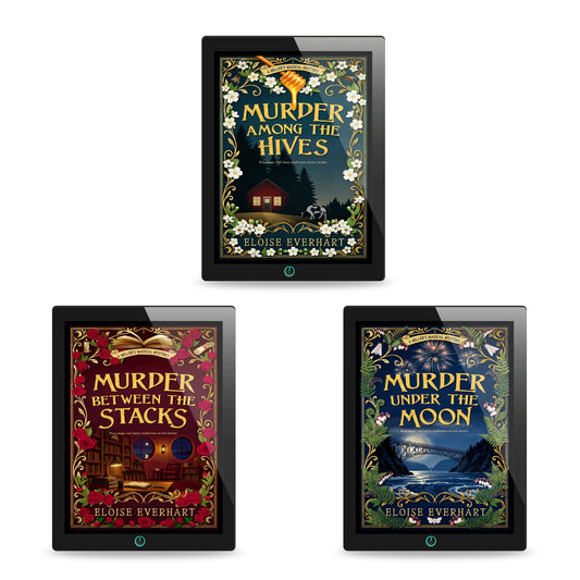 Three black tablet devices displaying book covers by Eloise Everhart on a white background: 'Murder Among the Hives' at the top, and 'Murder Between the Stacks' and 'Murder Under the Moon' below.