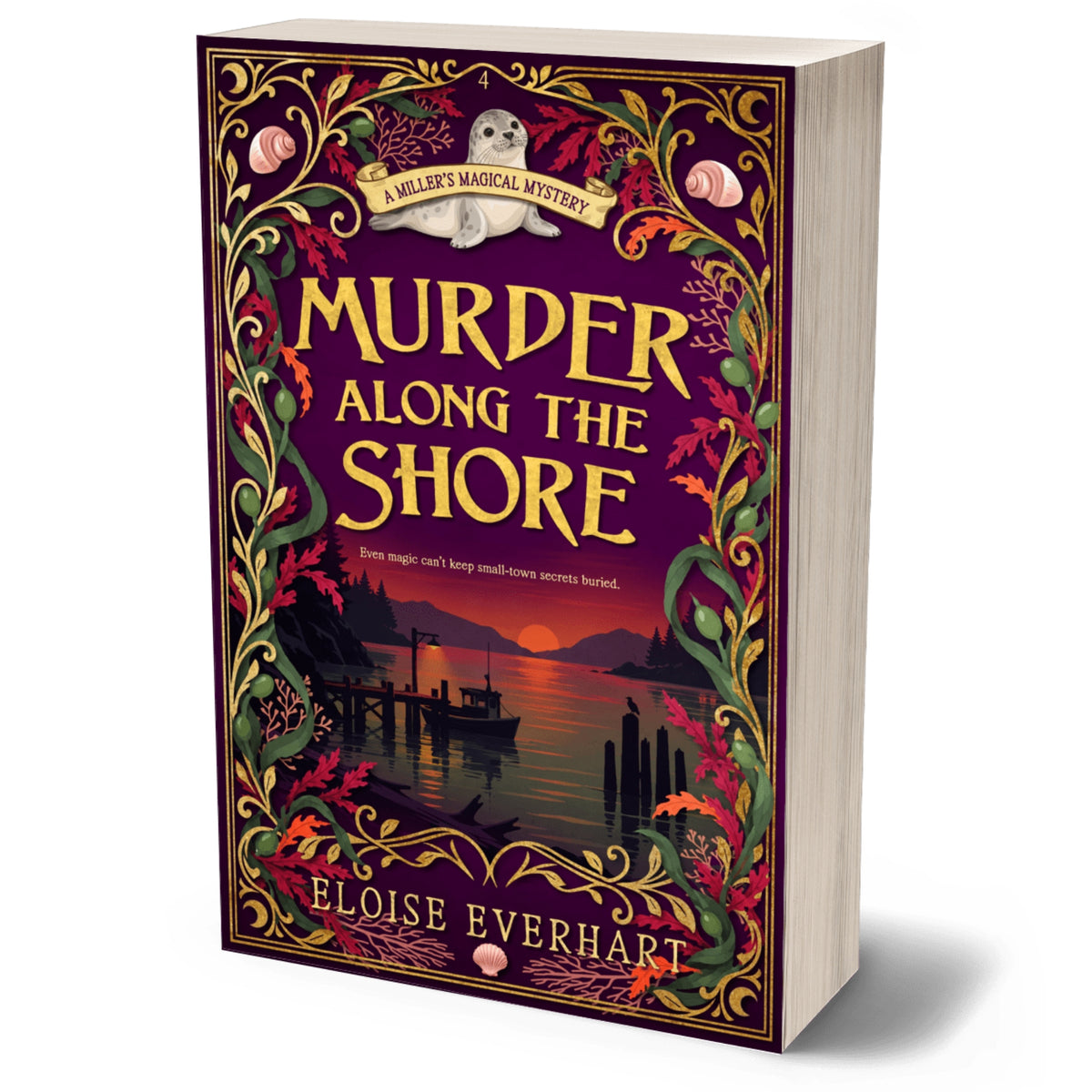 A 3D mockup of the book 'Murder Along the Shore' a paranormal cozy mystery by Eloise Everhart, showing the front cover with its intricate purple, gold, and red vintage-style illustration, alongside the beige pages of the book.