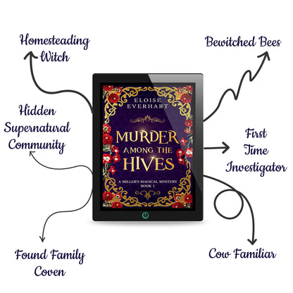 A tablet displaying the ebook cover of "Murder Among the Hives" by Eloise Everhart, surrounded by hand-drawn arrows listing the book's tropes: Homesteading Witch, Bewitched Bees, First-Time Investigator, Cow Familiar, Found-Family Coven, and Hidden Supernatural Community.
