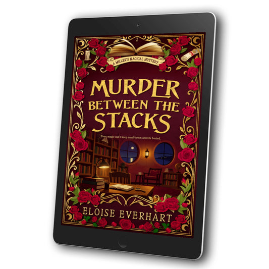 A tablet device displaying a book cover for 'Murder Between the Stacks' a paranormal cozy mystery by Eloise Everhart, with a black background.