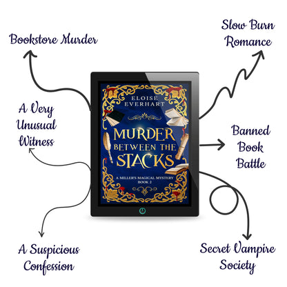 A tablet displaying the ebook cover of "Murder Between the Stacks" by Eloise Everhart, surrounded by hand-drawn arrows listing the book's tropes: Bookstore Murder, A Very Unusual Witness, Banned Book Battle, A Suspicious Confession, Secret Vampire Society, and Slow-Burn Romance.
