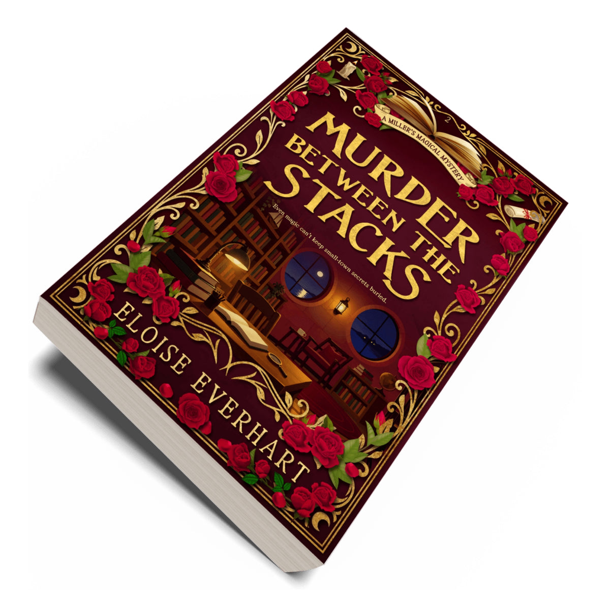 A 3D mockup of the book 'Murder Between the Stacks' by Eloise Everhart, showing the front cover and spine against a clean white background.