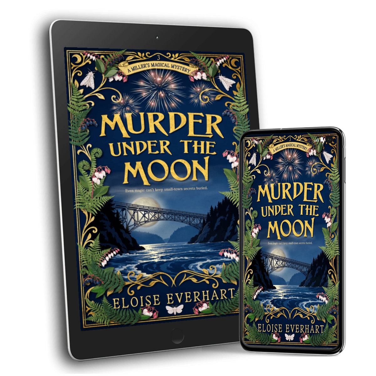 A digital book cover for 'Murder Under the Moon' by Eloise Everhart, shown on a tablet and a smartphone against a plain white background.