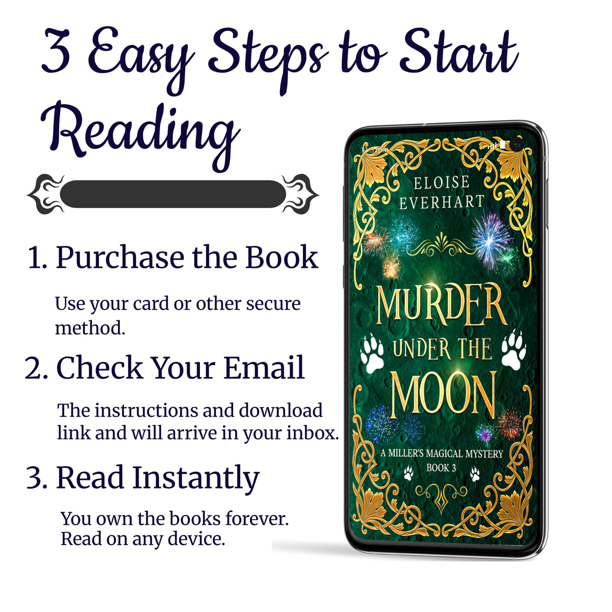 Promotional graphic showing the ebook cover of "Murder Under the Moon" by Eloise Everhart on a smartphone. The graphic explains three steps to start reading: purchase the book, check your email for download instructions, and read instantly on any device.