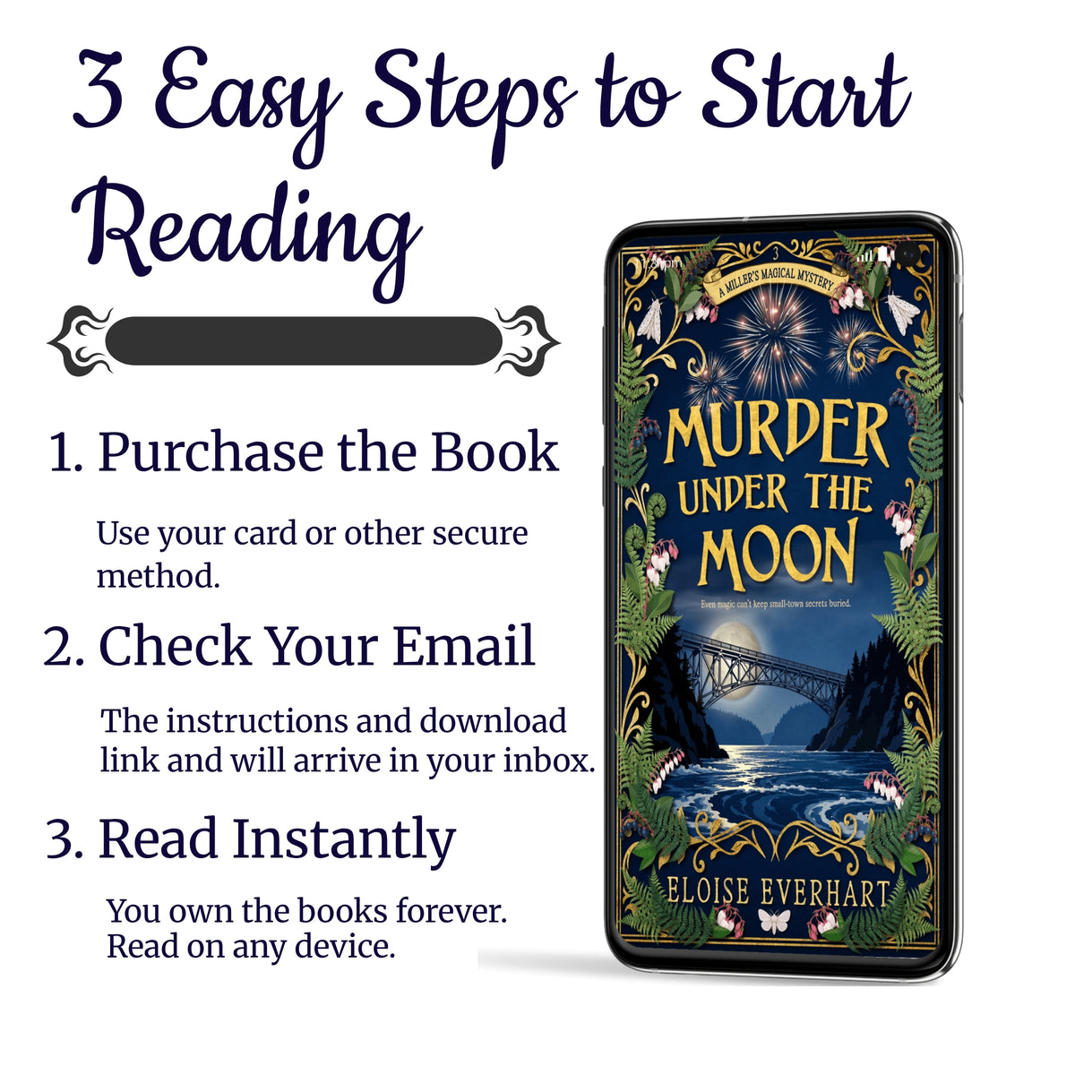 Promotional graphic for an ebook reading service titled '3 Easy Steps to Start Reading'. It features a smartphone displaying the book cover of 'Murder Under the Moon' by Eloise Everhart, alongside three numbered steps in dark blue text on a white background.