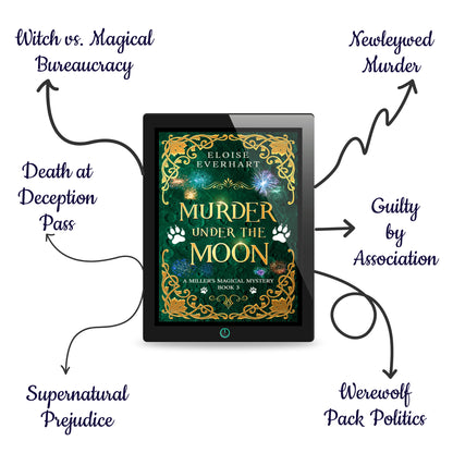 A tablet displaying the ebook cover of "Murder Under the Moon" by Eloise Everhart, surrounded by hand-drawn arrows listing the book's tropes: Werewolf Pack Politics, Newlywed Murder, Death at Deception Pass, Guilty by Association, Supernatural Prejudice, and Witch vs. Magical Bureaucracy.
