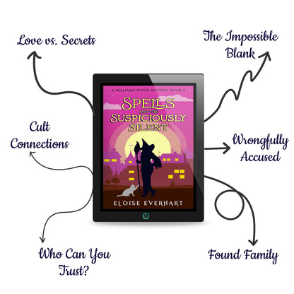 A tablet displaying the ebook cover of "Spells and the Suspiciously Silent" by Eloise Everhart, surrounded by hand-drawn arrows listing the book's tropes: Wrongly Accused, Cult Secrets, Found Family, Who Can You Trust?, The Impossible Blank, and Love vs. Secrets.