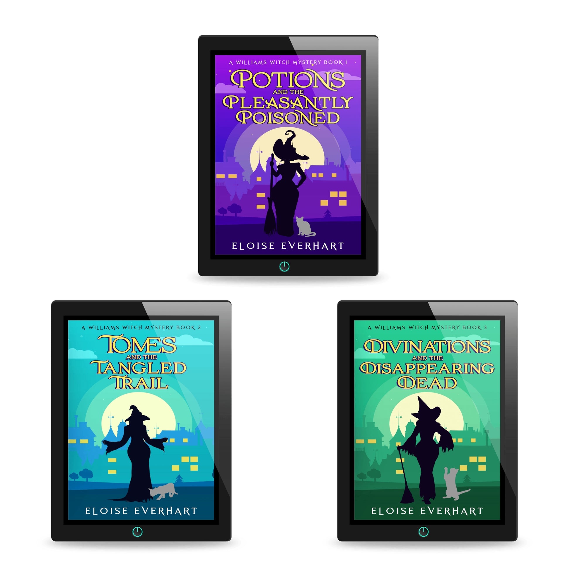 Digital mockup of the first three ebooks in A Williams Witch Mystery series by Eloise Everhart: "Potions and the Pleasantly Poisoned," "Tomes and the Tangled Trail," and "Divinations and the Disappearing Dead," displayed on tablets against a white background.