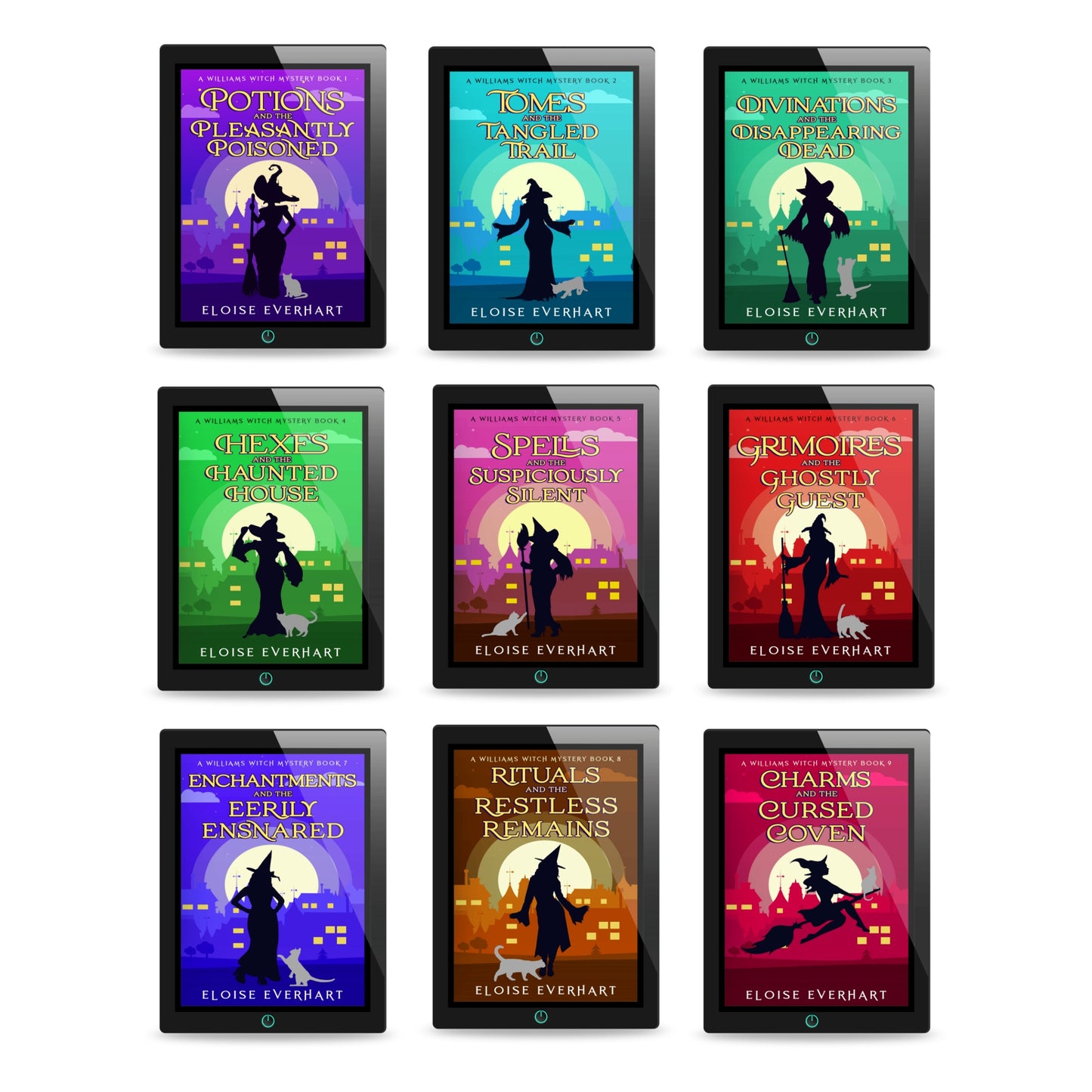 Digital mockup of all nine ebooks in the completed A Williams Witch Mystery paranormal cozy mystery series by Eloise Everhart, displayed on tablets against a white background.
