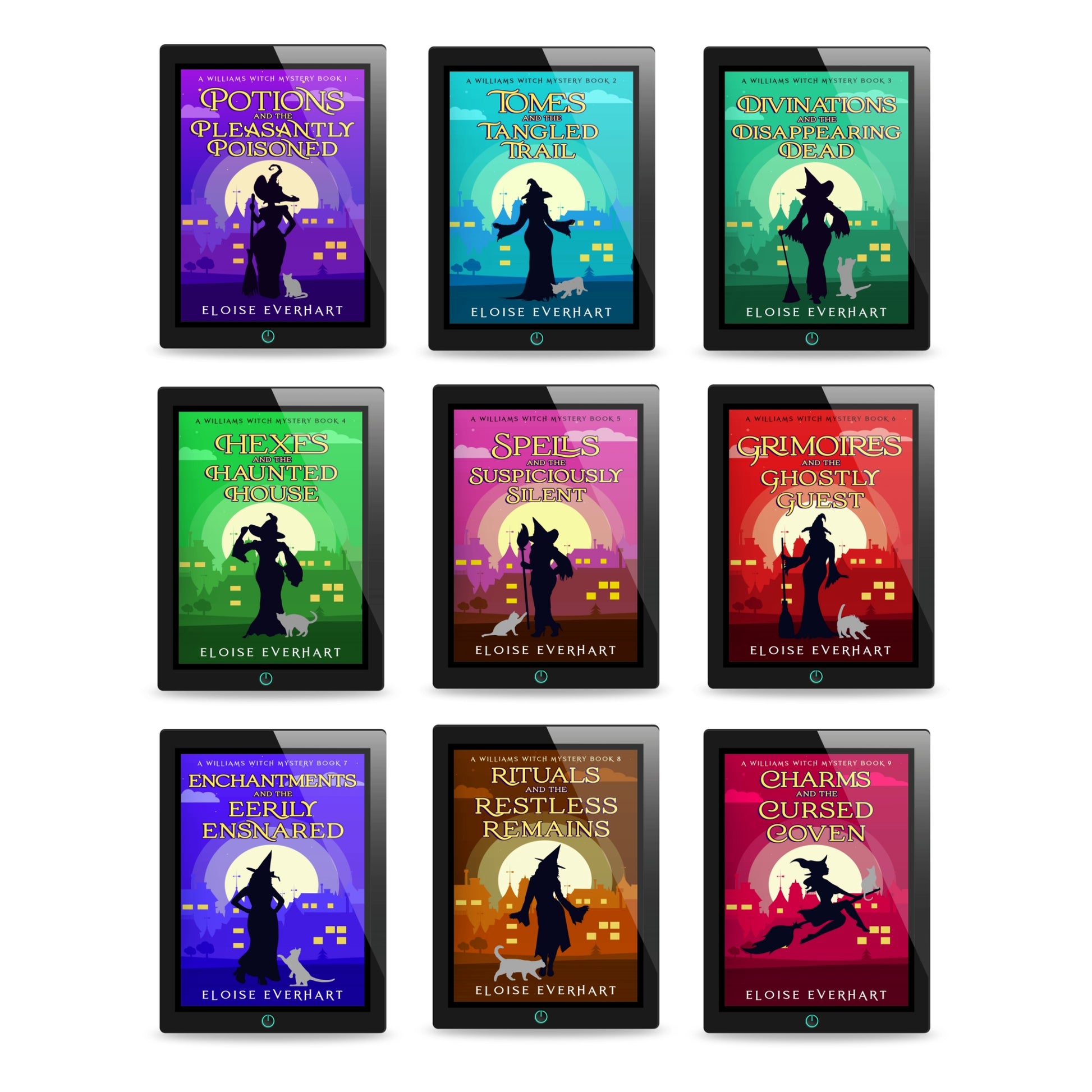 Digital mockup of all nine ebooks in the completed A Williams Witch Mystery paranormal cozy mystery series by Eloise Everhart, displayed on tablets against a white background.

