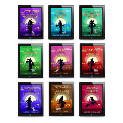 Digital mockup of all nine ebooks in the completed A Williams Witch Mystery paranormal cozy mystery series by Eloise Everhart, displayed on tablets against a white background.
