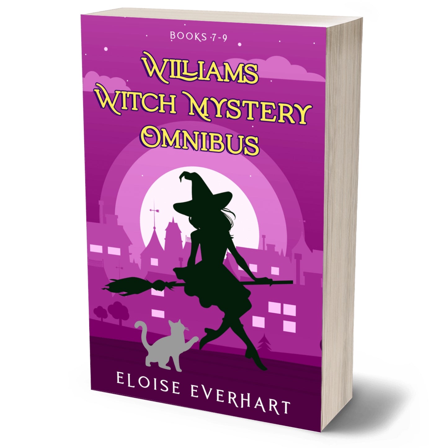 A 3D mockup of a book cover titled 'Williams Witch Mystery Omnibus' by Eloise Everhart. The cover features a purple and pink gradient background with a black silhouette of a witch riding a broomstick and a gray cat, set against a white background.