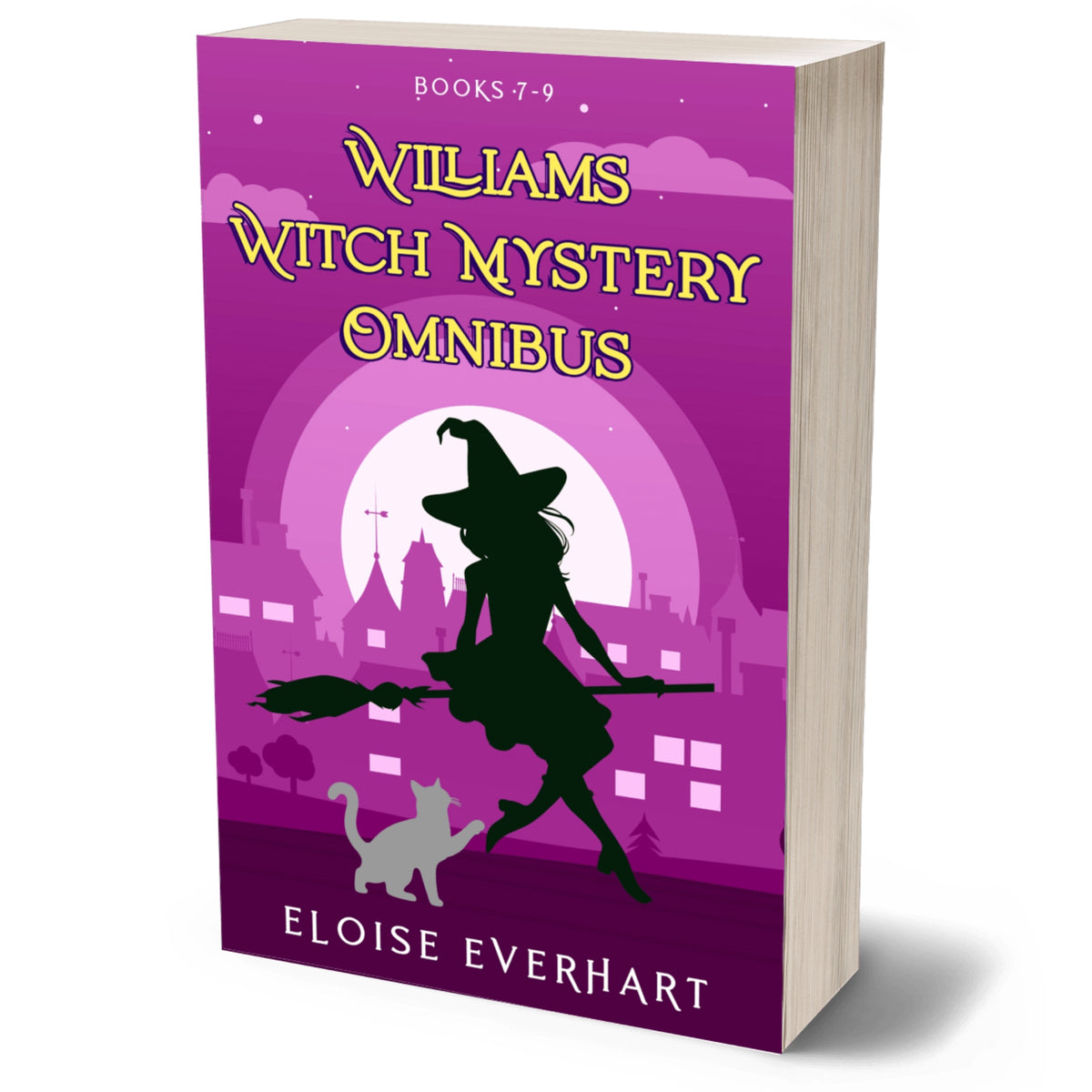 A 3D mockup of a book cover titled 'Williams Witch Mystery Omnibus' by Eloise Everhart. The cover features a purple and pink gradient background with a black silhouette of a witch riding a broomstick and a gray cat, set against a white background.