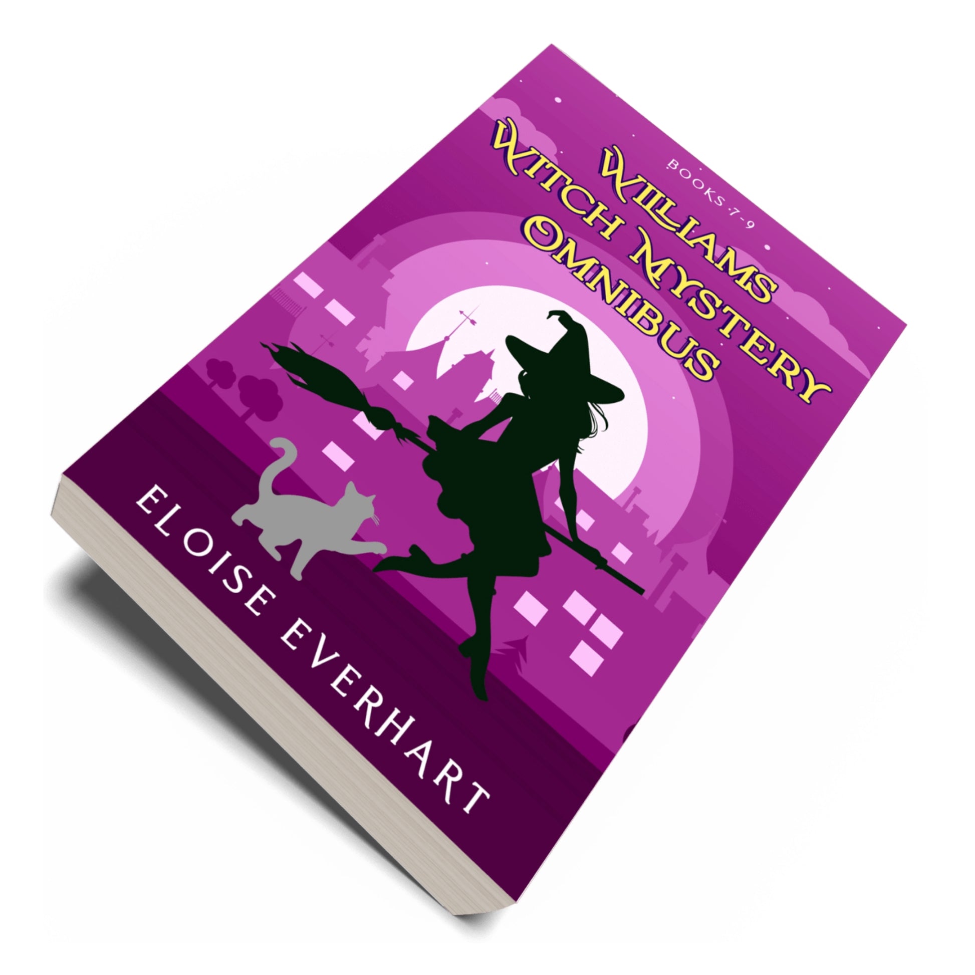 A book cover for 'Williams Witch Mystery Omnibus' by Eloise Everhart, shown at an angle on a white background. The cover features a purple and magenta design with a black silhouette of a witch riding a broomstick, a gray cat, and a full moon.