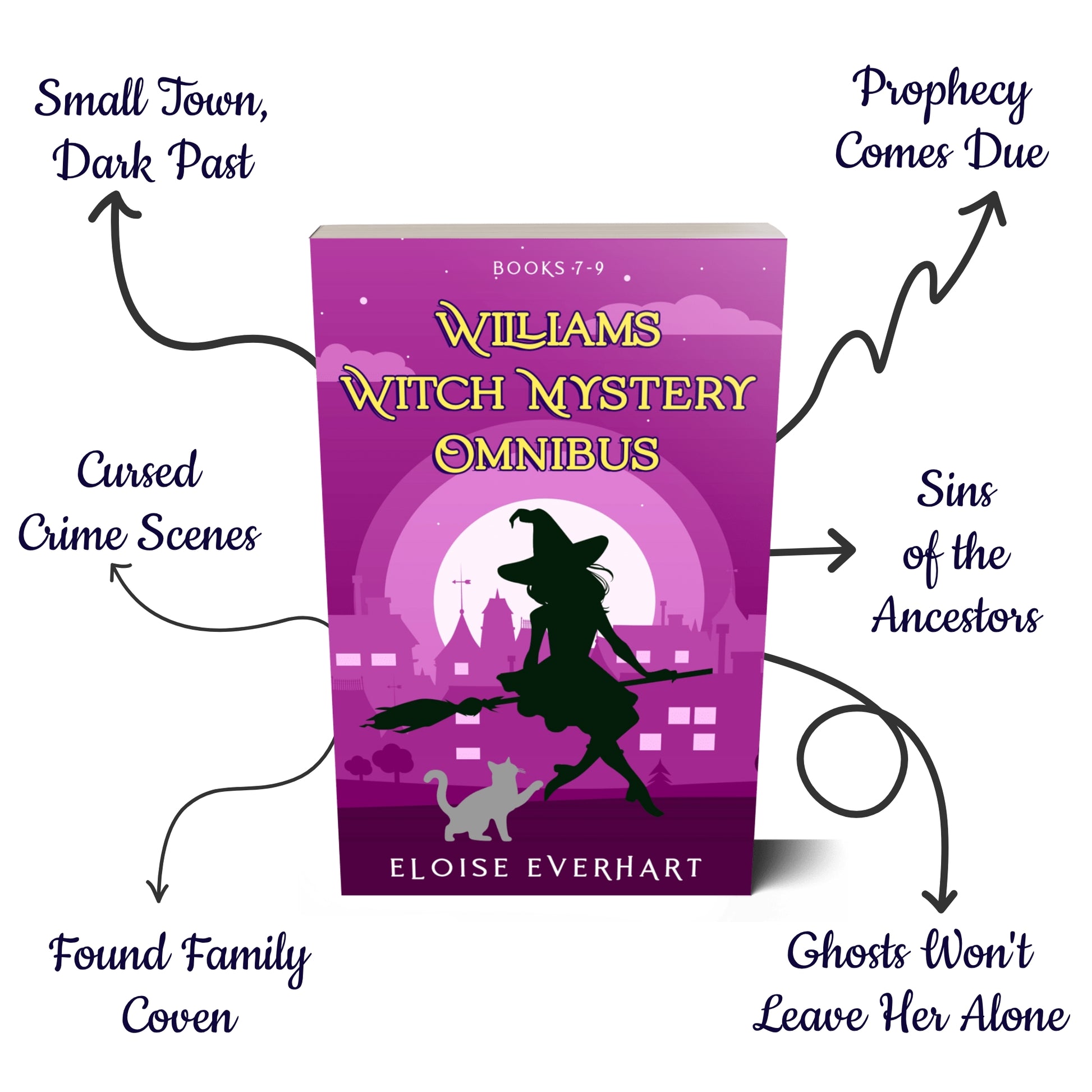 Book cover for 'Williams Witch Mystery Omnibus' by Eloise Everhart, shown on a white background with decorative text callouts around it. The tropes called out are Small Town-Dark Past, Cursed Crime Scenes, Found Family Coven, Prophecy Comes Due, Sins of the Ancestors, and Ghosts Won't Leave Her Alone.